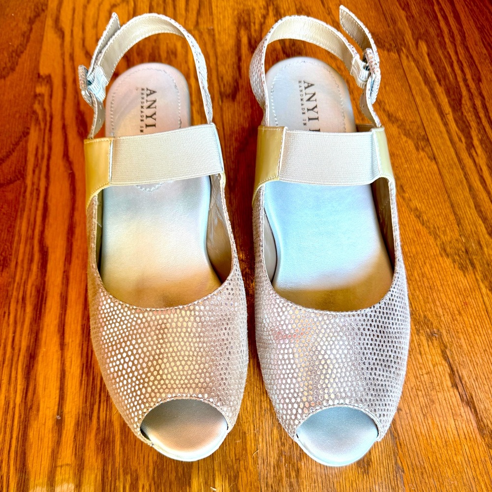 Anyi Lu Metallic Slingback Sandals with Peep-Toe.
